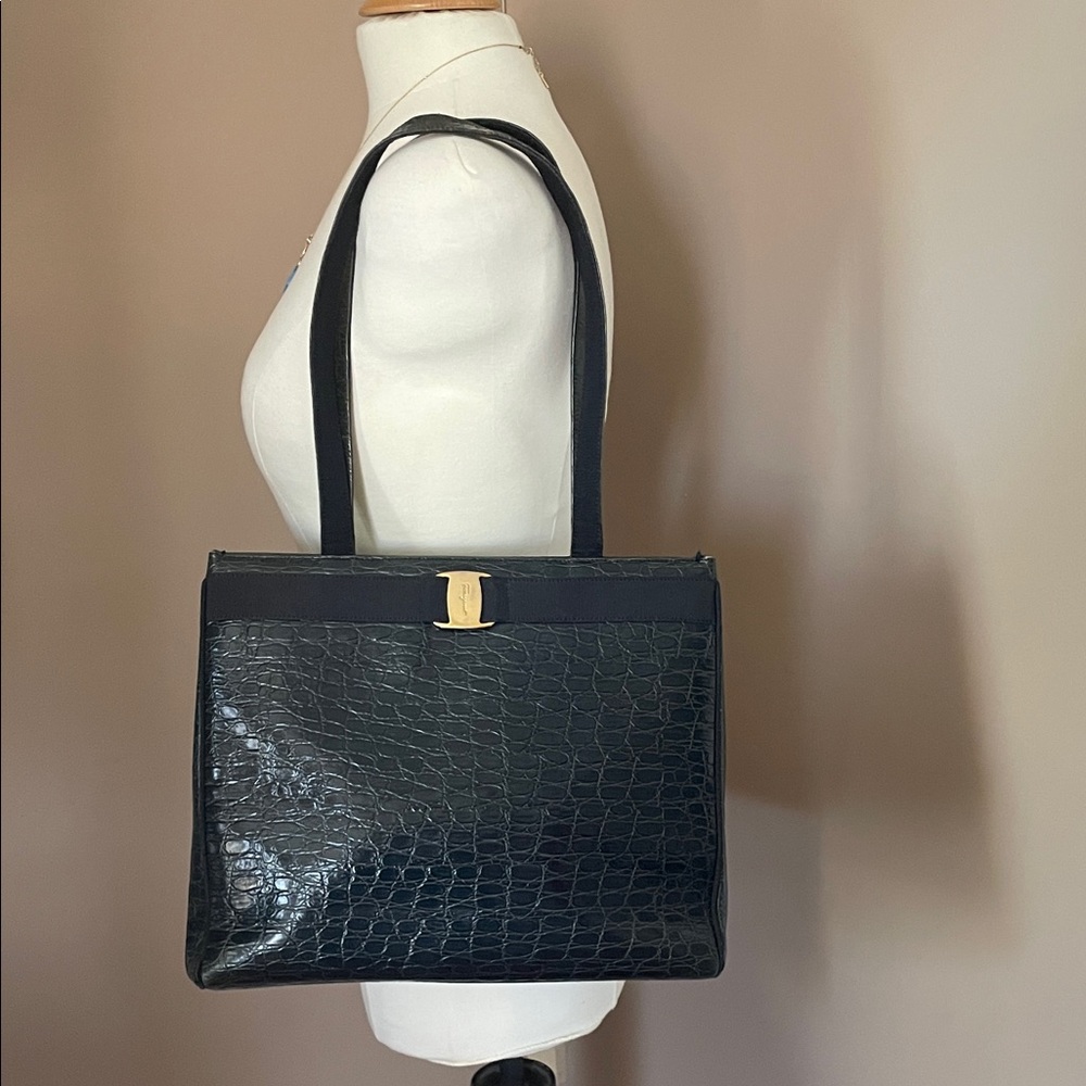 Salvatore Ferragamo Navy Croc-Embossed Shoulder Bag with Gold Hardware